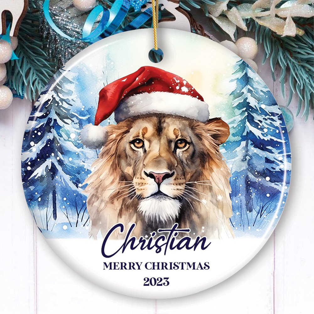 Lion with Santa Hat Personalized Ornament, Winter Forest Christmas Gift With Custom Name and Date Ceramic Ornament OrnamentallyYou Circle 