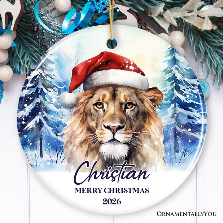 Lion with Santa Hat Personalized Ornament, Winter Forest Christmas Gift With Custom Name and Date Ceramic Ornament OrnamentallyYou Circle 