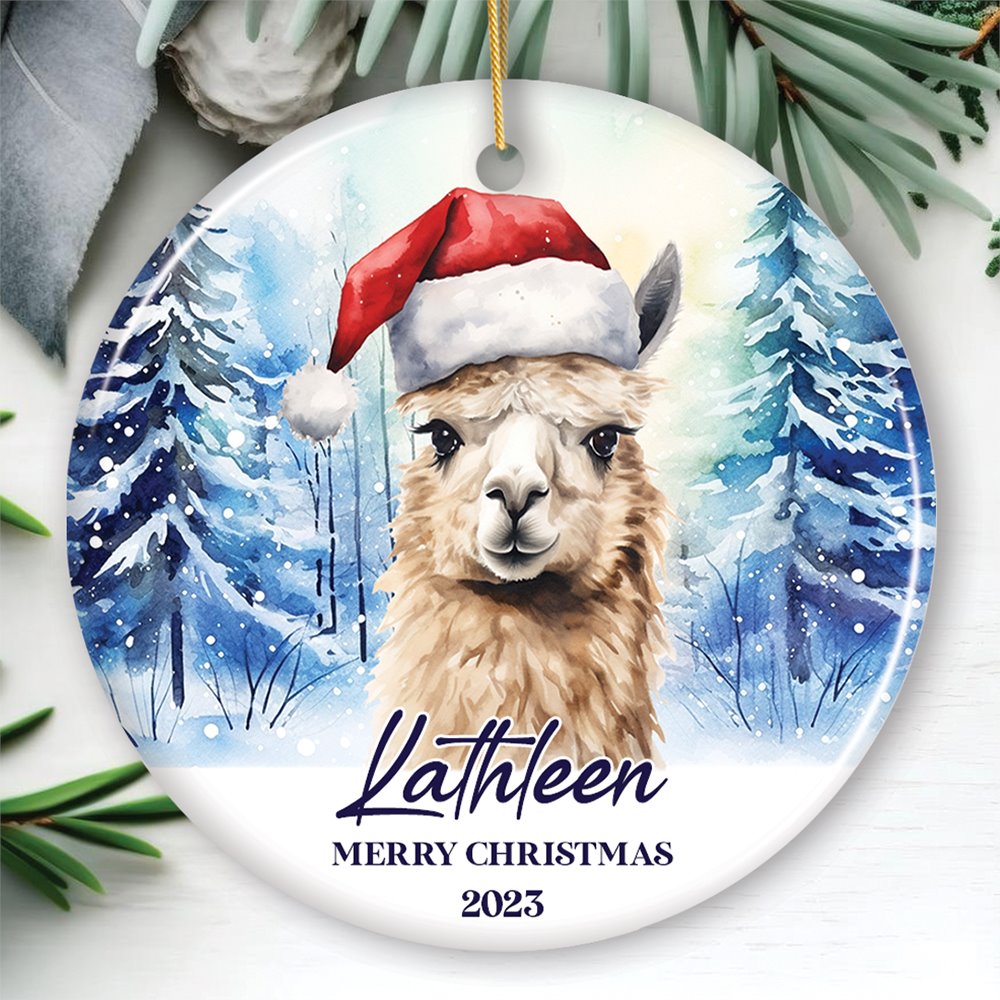 Llama with Santa Hat Personalized Ornament, Winter Forest Christmas Gift With Custom Name and Date Ceramic Ornament OrnamentallyYou Circle 