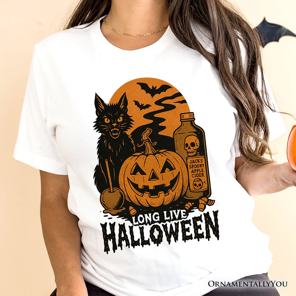 Long Live Halloween T-Shirt, Retro Black Cat Pumpkin Tee for Horror Fans T-Shirts OrnamentallyYou 
