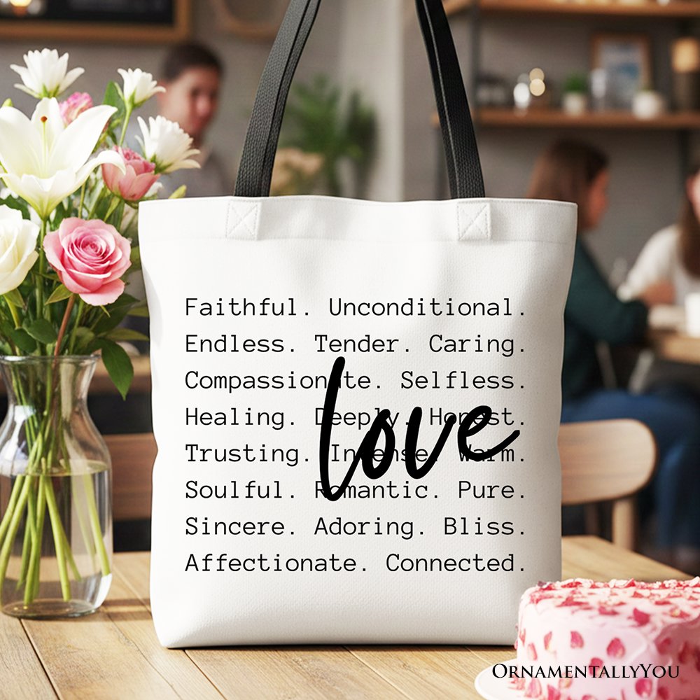 Love Definition Words Canvas Tote Bag, Minimalist Valentine Inspirational Love Gift Shopper Tote Bag OrnamentallyYou Black Handle 