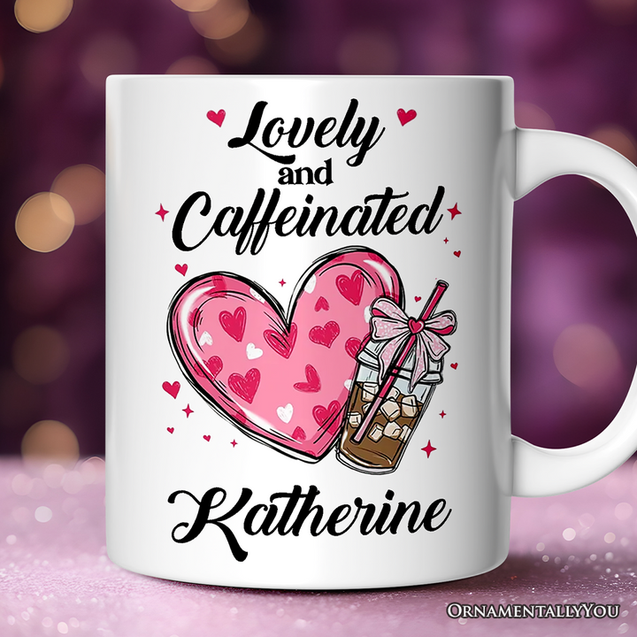 Lovely And Caffeinated Personalized Mug, Valentine Heart Coquette Bow Coffee Lover Gift With Custom Name