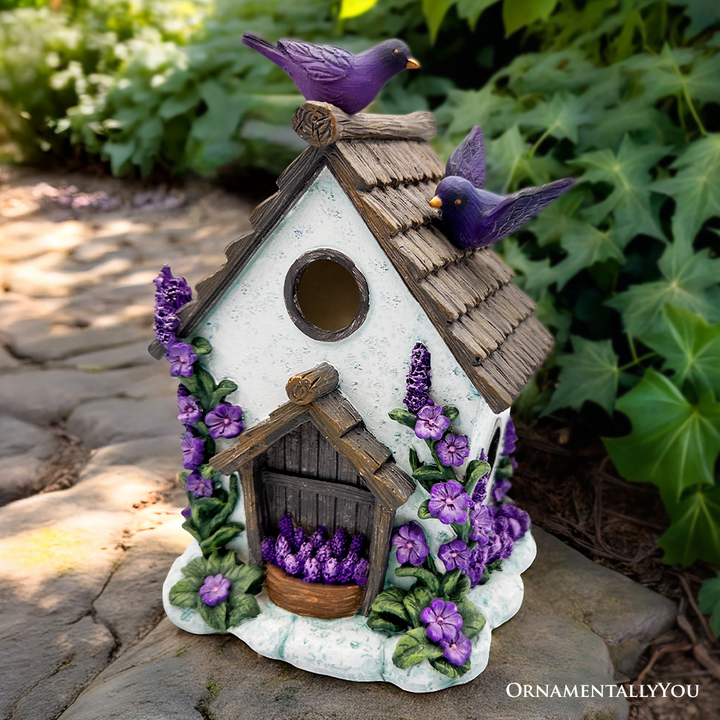 Lovely Floral Lavender Bird House Figurine, 7" Novelty Cottage Garden Decor
