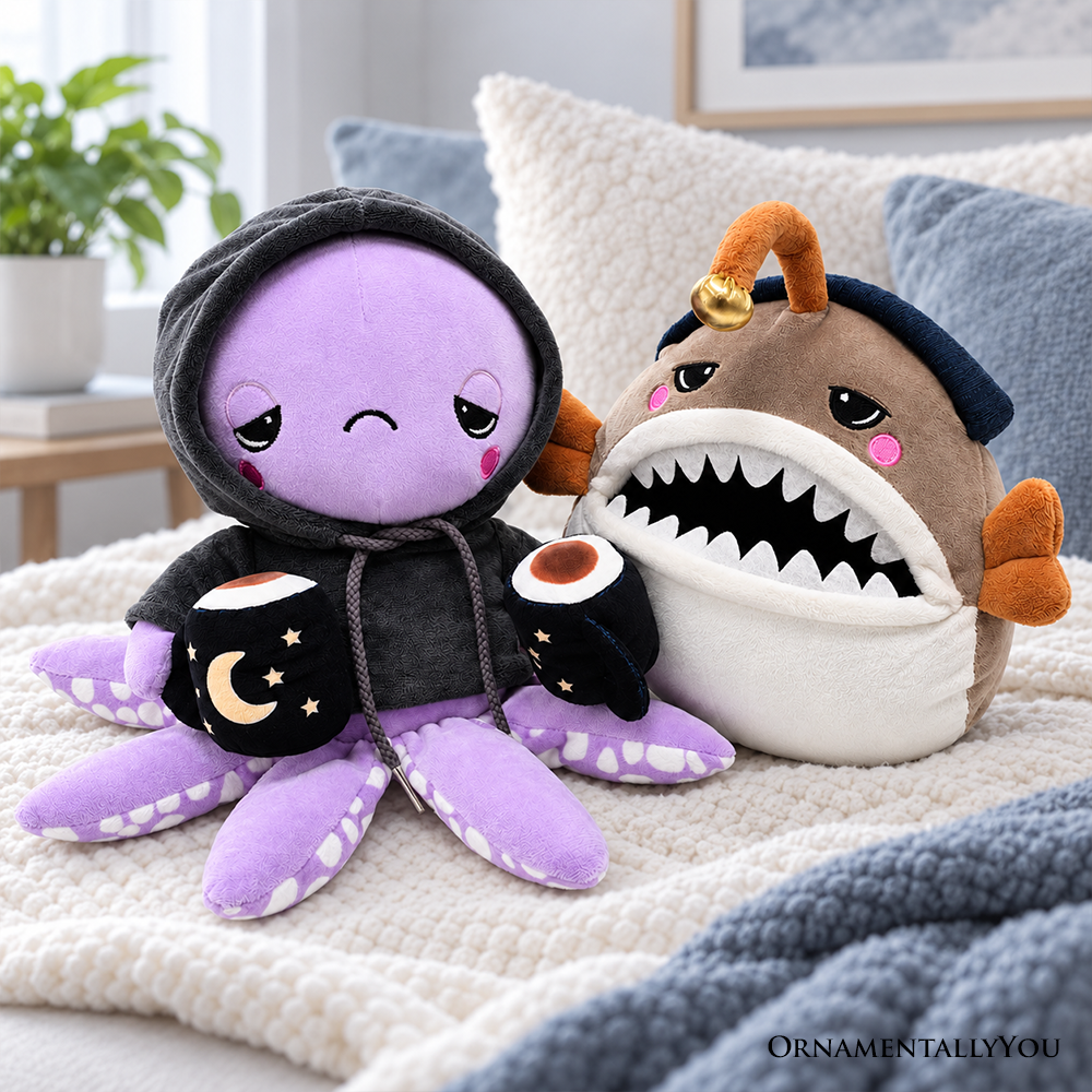 Lumi Anglerfish and Inky Octopus Plush Set, 9.7" Deep Sea Stuffed Animal Friends with Cocoa Mugs
