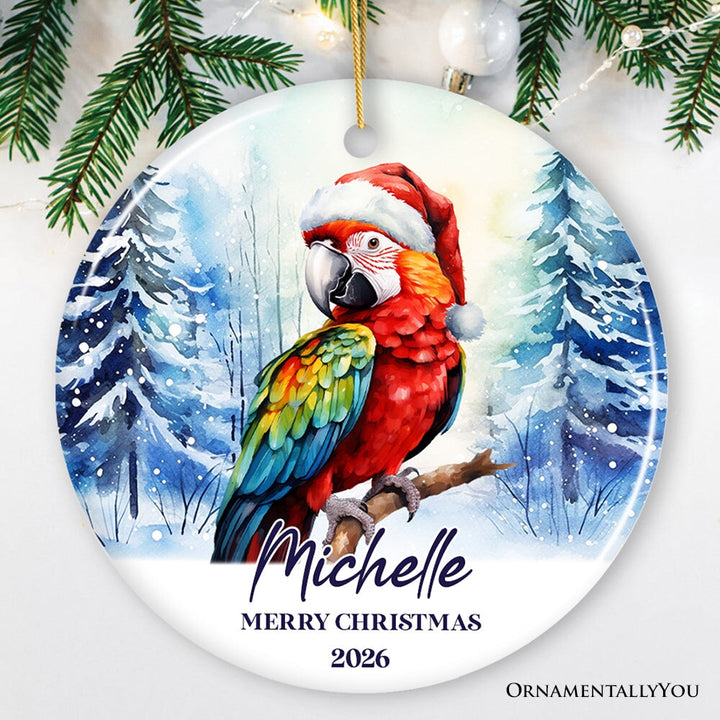 Macaw Parrot with Santa Hat Personalized Ornament, Winter Forest Christmas Gift With Custom Name and Date Ceramic Ornament OrnamentallyYou 