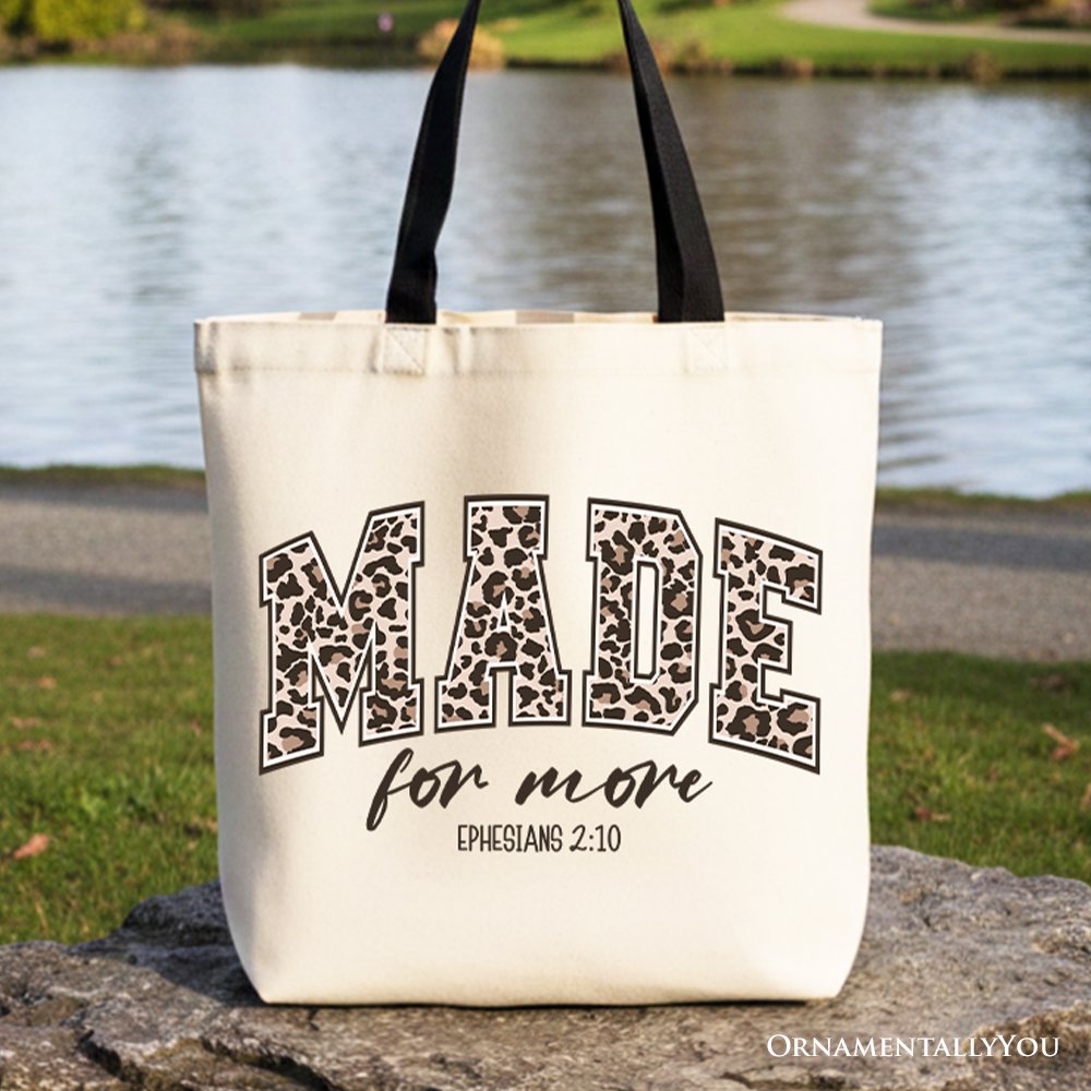 Made For More Christian Canvas Tote Bag, Ephesians 2:10 Leopard Faith Bible Verse Easter Gift Shopper Tote Bag OrnamentallyYou Black Handle 