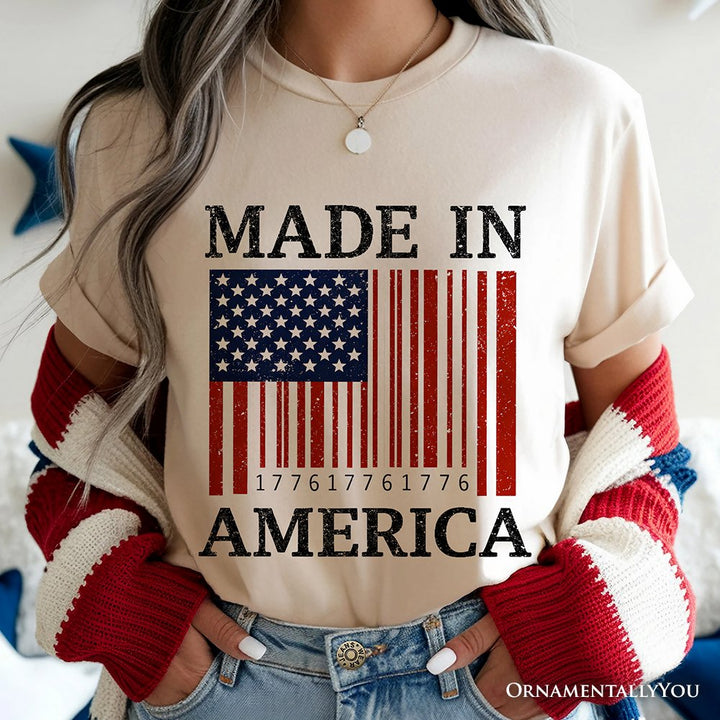 Made In America Bar Code Flag T-Shirt, Patriotic 1776 USA 250th Anniversary Tee T-Shirts OrnamentallyYou 