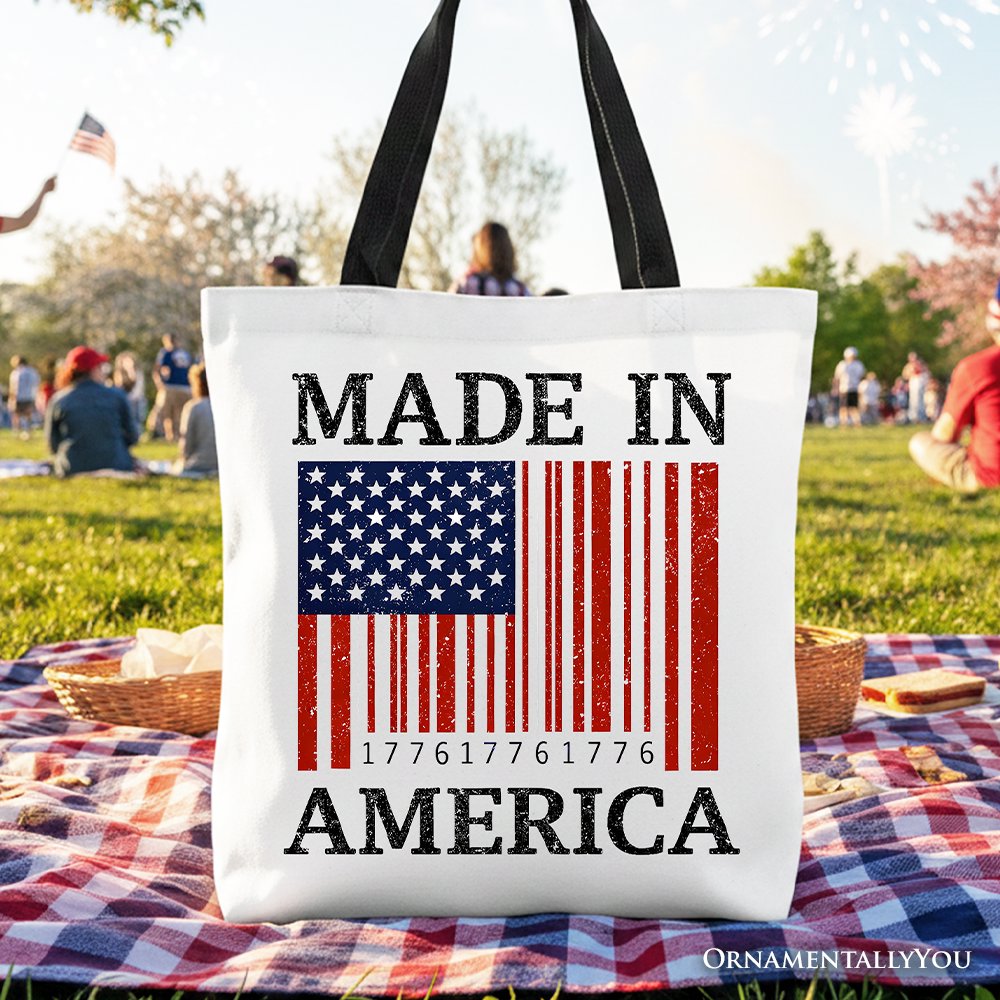 Made In America Bar Code Flag Tote Bag, Patriotic 1776 USA 250th Anniversary Gift Shopper Tote Bag OrnamentallyYou Black Handle 