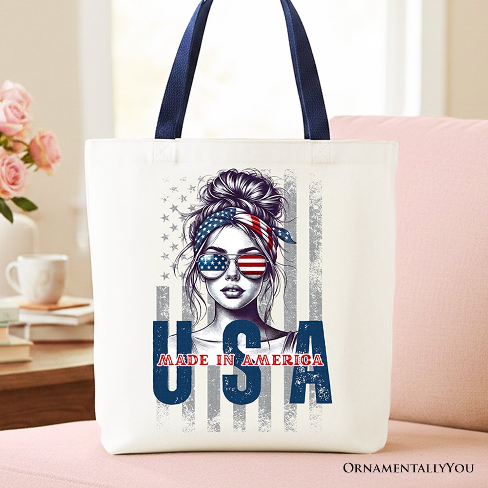 Made in America Messy Bun Tote Bag, Retro 4th of July White Patriotic Gift Shopper Tote Bag OrnamentallyYou Navy Handle 