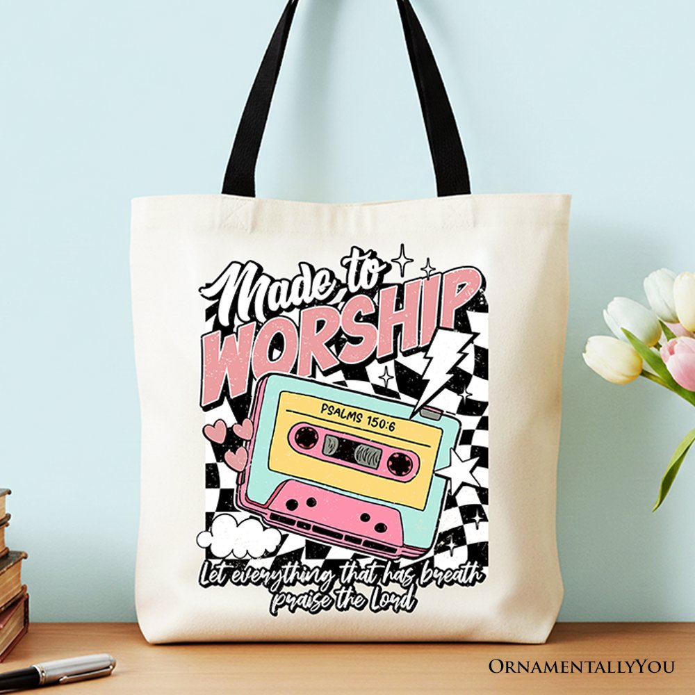Made to Worship Christian Retro Tote Bag, Psalm 150:6 Bible Verse Gift Shopper Tote Bag OrnamentallyYou Black Handle 