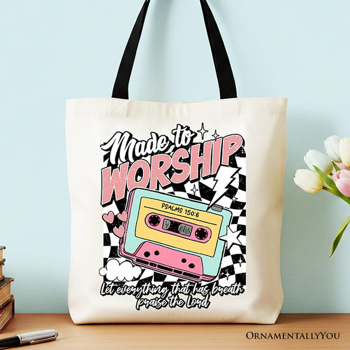 Made to Worship Christian Retro Tote Bag, Psalm 150:6 Bible Verse Gift Shopper Tote Bag OrnamentallyYou Black Handle 