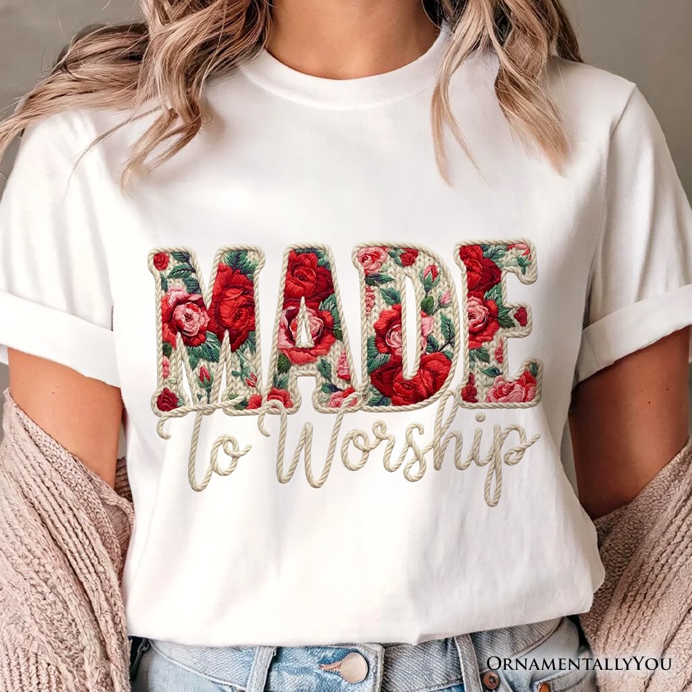 Made to Worship Printed Faux Yarn Crochet Christian T-Shirt, Floral Retro Faith Tee T-Shirts OrnamentallyYou 
