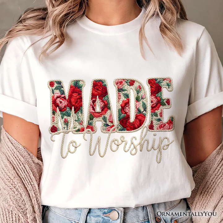 Made to Worship Printed Faux Yarn Crochet Christian T-Shirt, Floral Retro Faith Tee