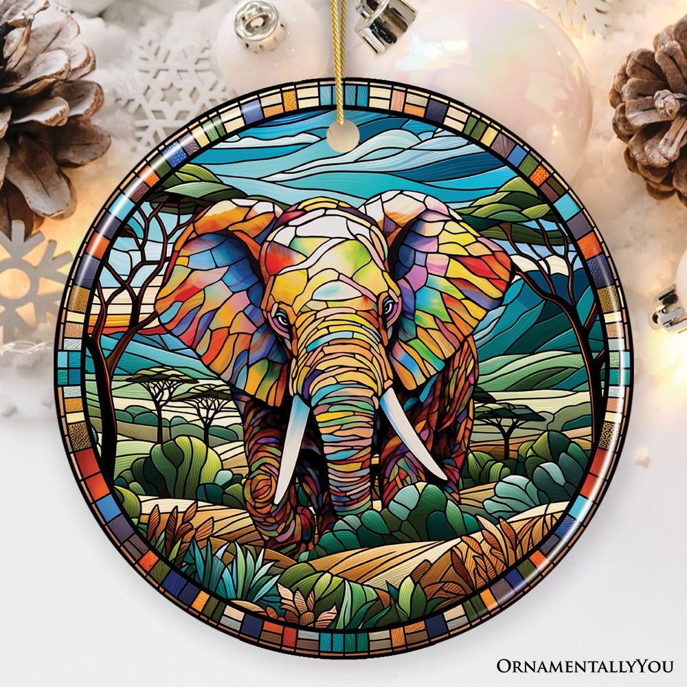 Majestic Elephant Stained Glass Style Ceramic Ornament, African Animals Christmas Gift and Decor Ceramic Ornament OrnamentallyYou Circle 