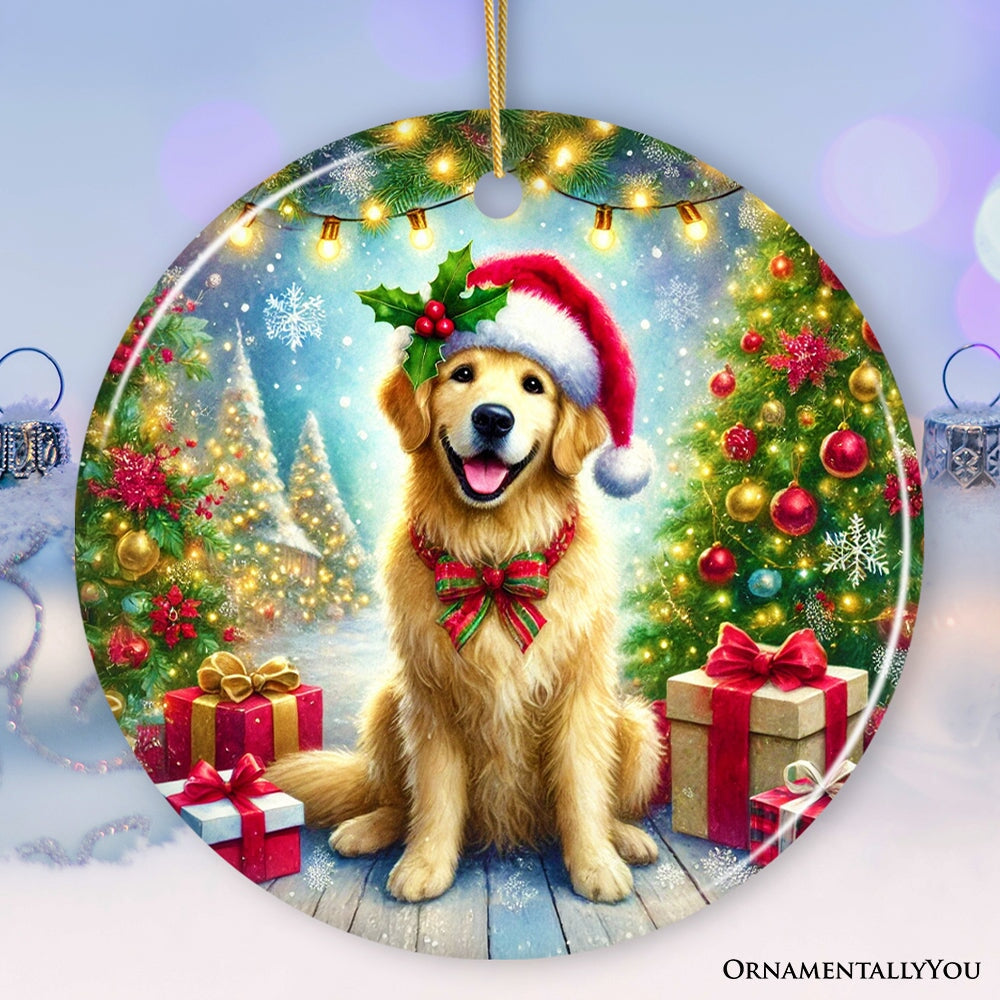 Majestic Golden Retriever with Santa Hat Ornament, Delightful Christmas Gift and Decor Ceramic Ornament OrnamentallyYou 