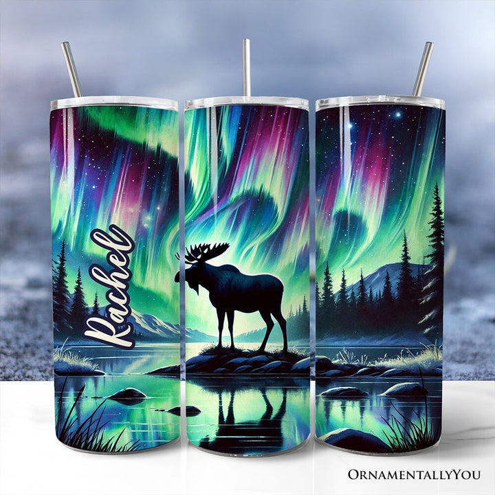 Majestic Moose Under Northern Lights 20oz Personalized Tumbler With Lid and Stainless Steel Straw, Enchanted Christmas Gift Cup Tumbler OrnamentallyYou Customized 