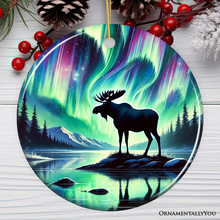 Majestic Moose Under Northern Lights Ornament, Gift for Enchanted Christmas Ceramic Ornament OrnamentallyYou 