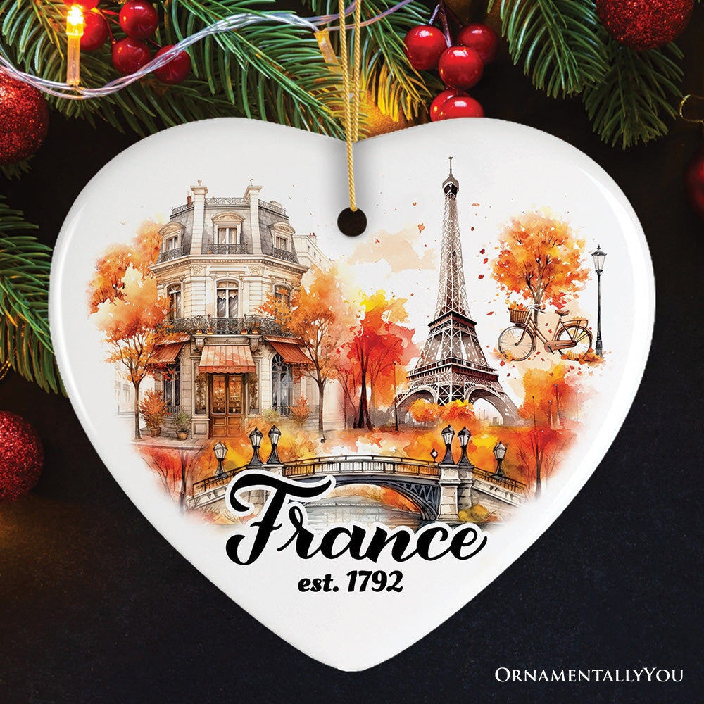 Majestic Vintage Fall Themed France Christmas Ornament, French Souvenir with Watercolor Eiffel Tower Painting Ceramic Ornament OrnamentallyYou Heart 