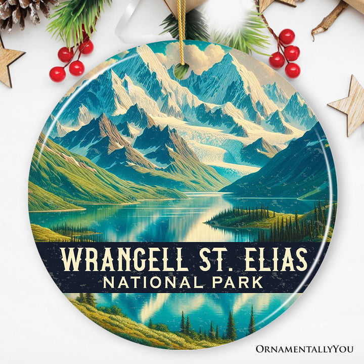 Majestic Wrangell St Elias National Park Ornament, Alaska Glacial Mountain Lake Christmas Gift and Wilderness Adventure Keepsake