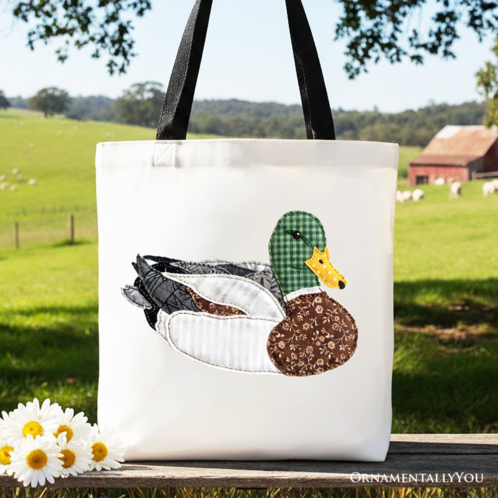 Mallard Duck Printed Faux Patchwork Tote Bag, Hunting Outdoors Gift Shopper Tote Bag OrnamentallyYou Black Handle 