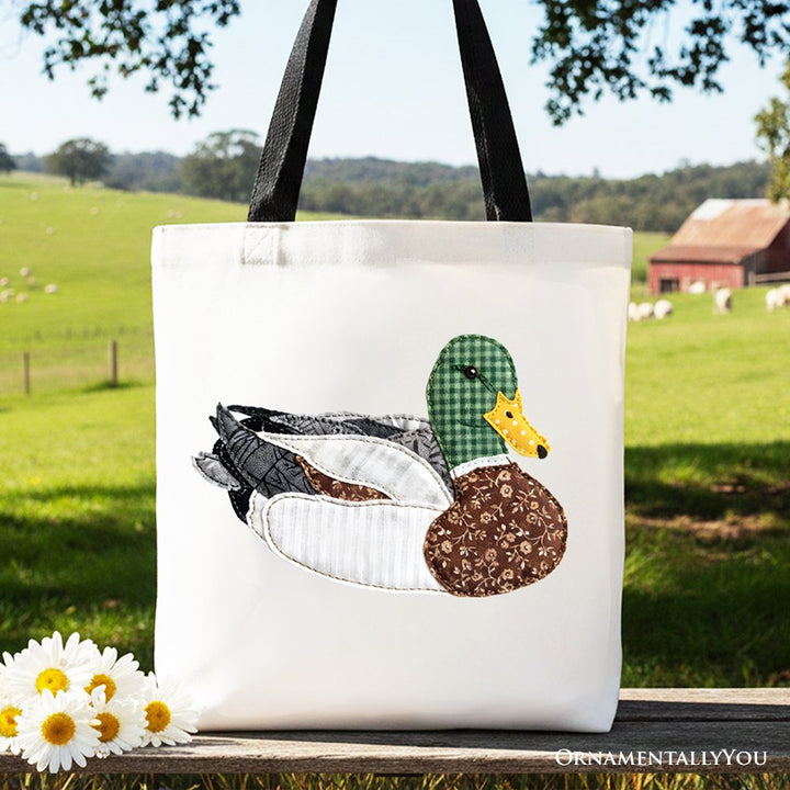 Mallard Duck Printed Faux Patchwork Tote Bag, Hunting Outdoors Gift Shopper Tote Bag OrnamentallyYou Black Handle 