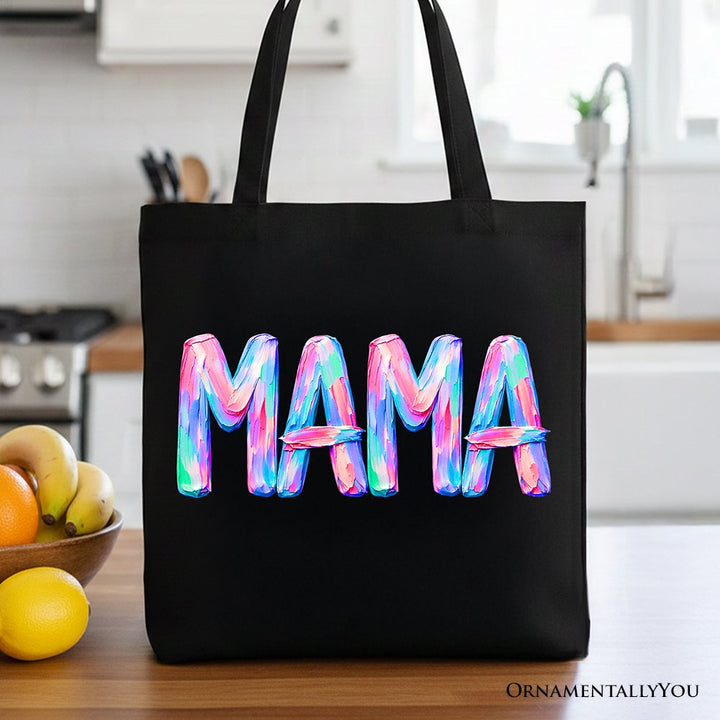 Mama Brushstroke Tote Bag, Printed Faux Oil Paint Colorful Trendy Mom Gift Shopper Tote Bag OrnamentallyYou Black 