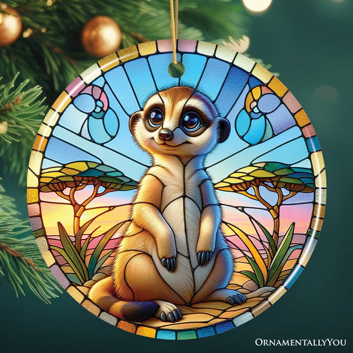 Meerkat Marvels Stained Glass Style Ceramic Ornament, Safari Animals Christmas Gift and Decor Ceramic Ornament OrnamentallyYou Circle 