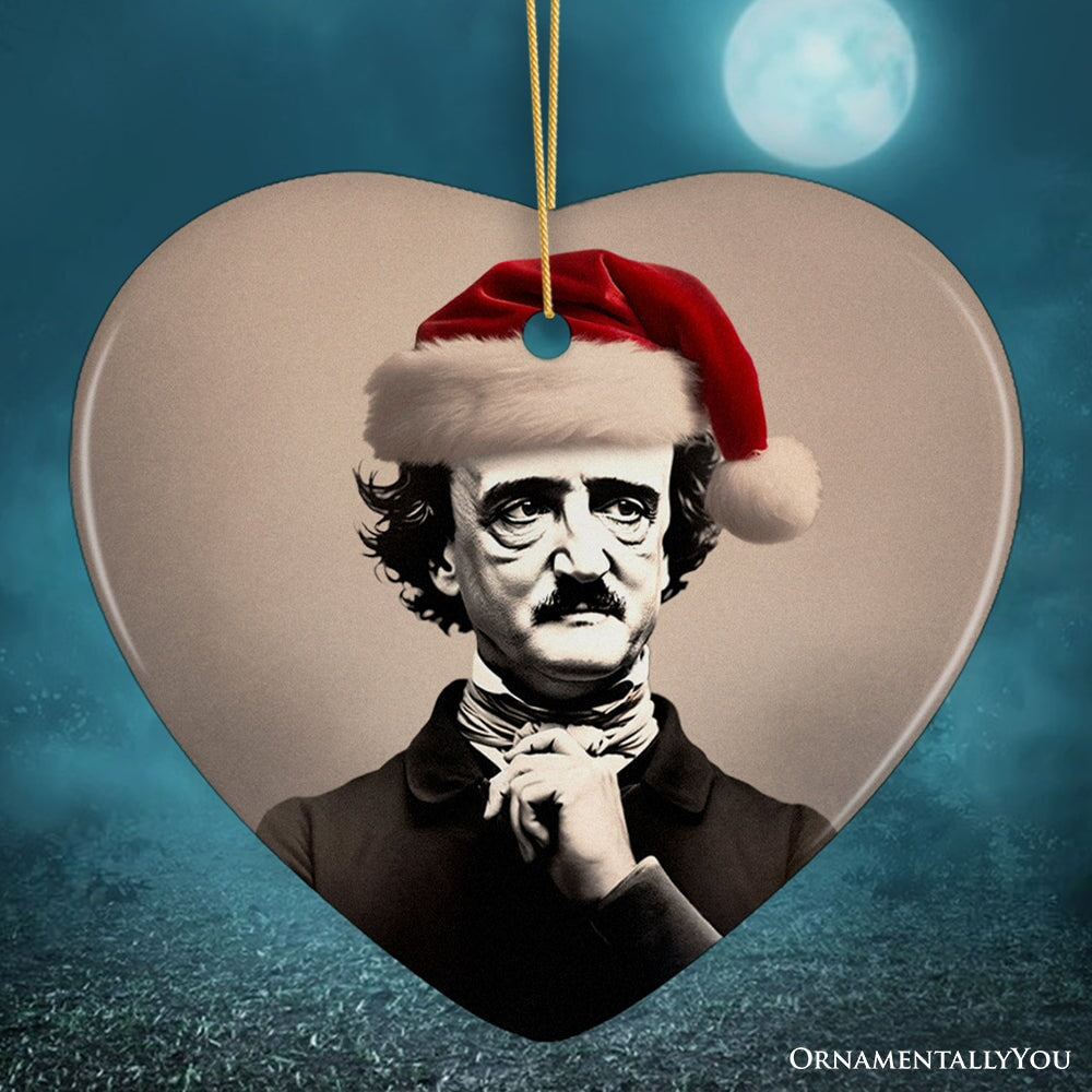 Melancholic Poet Edgar Allan Poe with Santa Hat Ornament, Eerie Christmas Gift for Literature Lovers Ceramic Ornament OrnamentallyYou Heart 