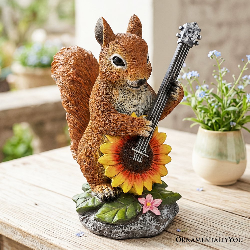 Melody of the Meadow Squirrel Garden Statue, 8" Sunflower Banjo Outdoor Decor Resin Statues OrnamentallyYou 