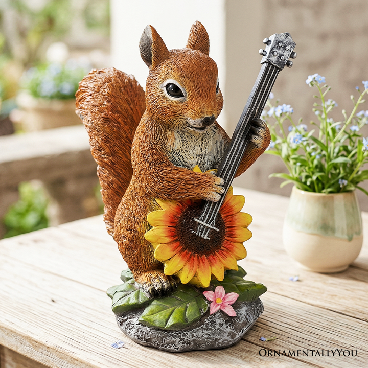Melody of the Meadow Squirrel Garden Statue, 8" Sunflower Banjo Outdoor Decor