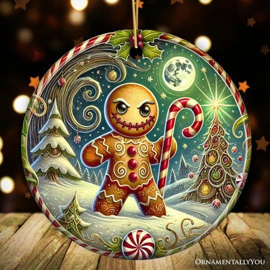Menacing Gingerbread Man Ornament, Eerie Winter Enforcer for Christmas Decor Ceramic Ornament OrnamentallyYou Circle 