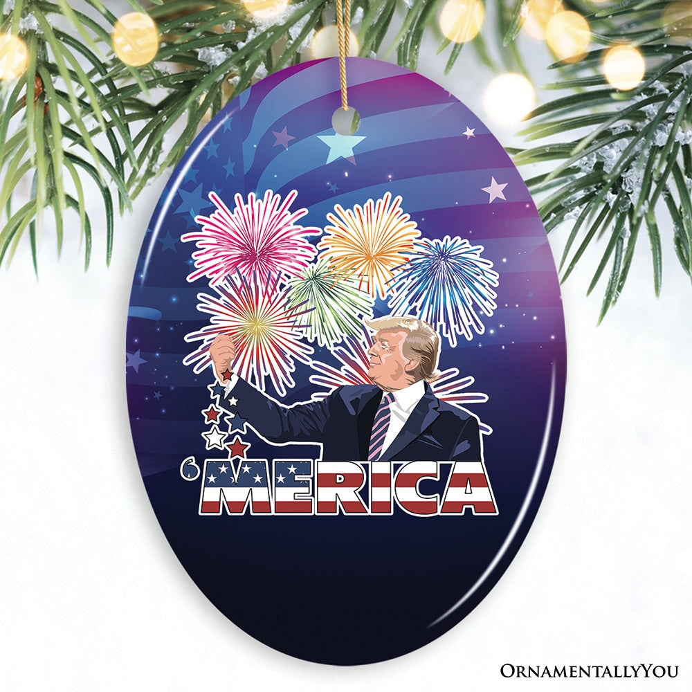 Merica Donald Trump Patriot with Fireworks Ornament OrnamentallyYou Oval 