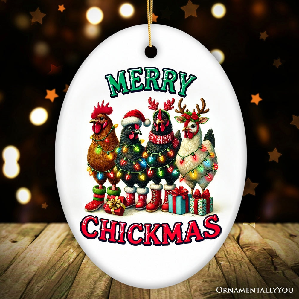 Merry Chickmas Chicken Ornament, Bright and Quirky Decor For Christmas Tree Ceramic Ornament OrnamentallyYou Oval 