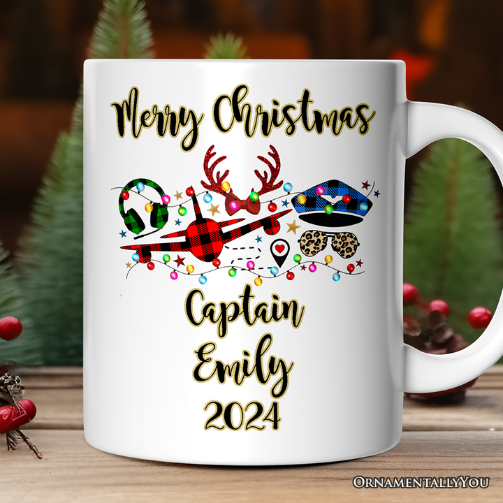 Personalized Mug Airplane Pilot Buffalo Plaid Christmas, Flight Aircraft Crew Gift Holiday Decoration