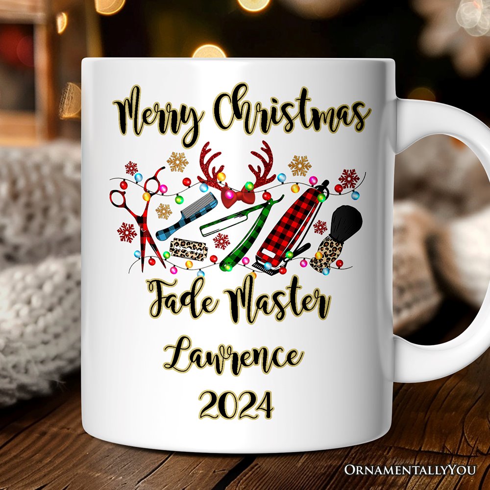 Personalized Mug Barber Buffalo Plaid Christmas, Barbershop Gift Personalized Ceramic Mug OrnamentallyYou 12oz Mug Customized 