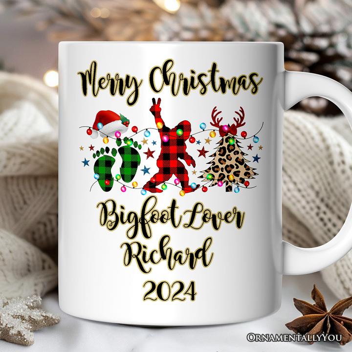 Personalized Mug Bigfoot Buffalo Plaid Christmas, Sasquatch Holiday Decoration