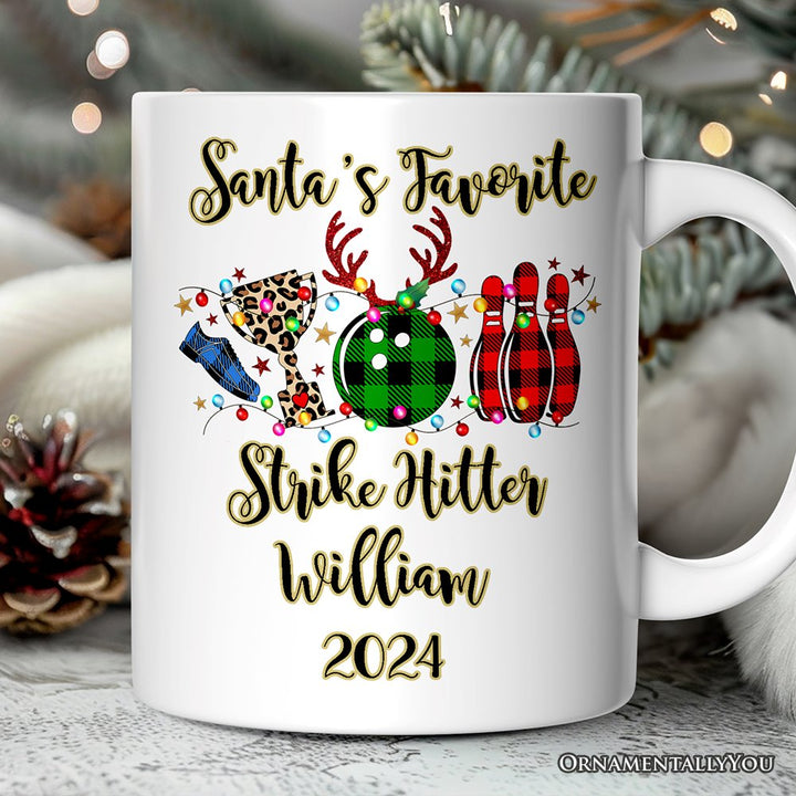 Personalized Mug Bowling Buffalo Plaid Christmas, Ball Pins and Trophy Personalized Ceramic Mug OrnamentallyYou 12oz Mug Customized 