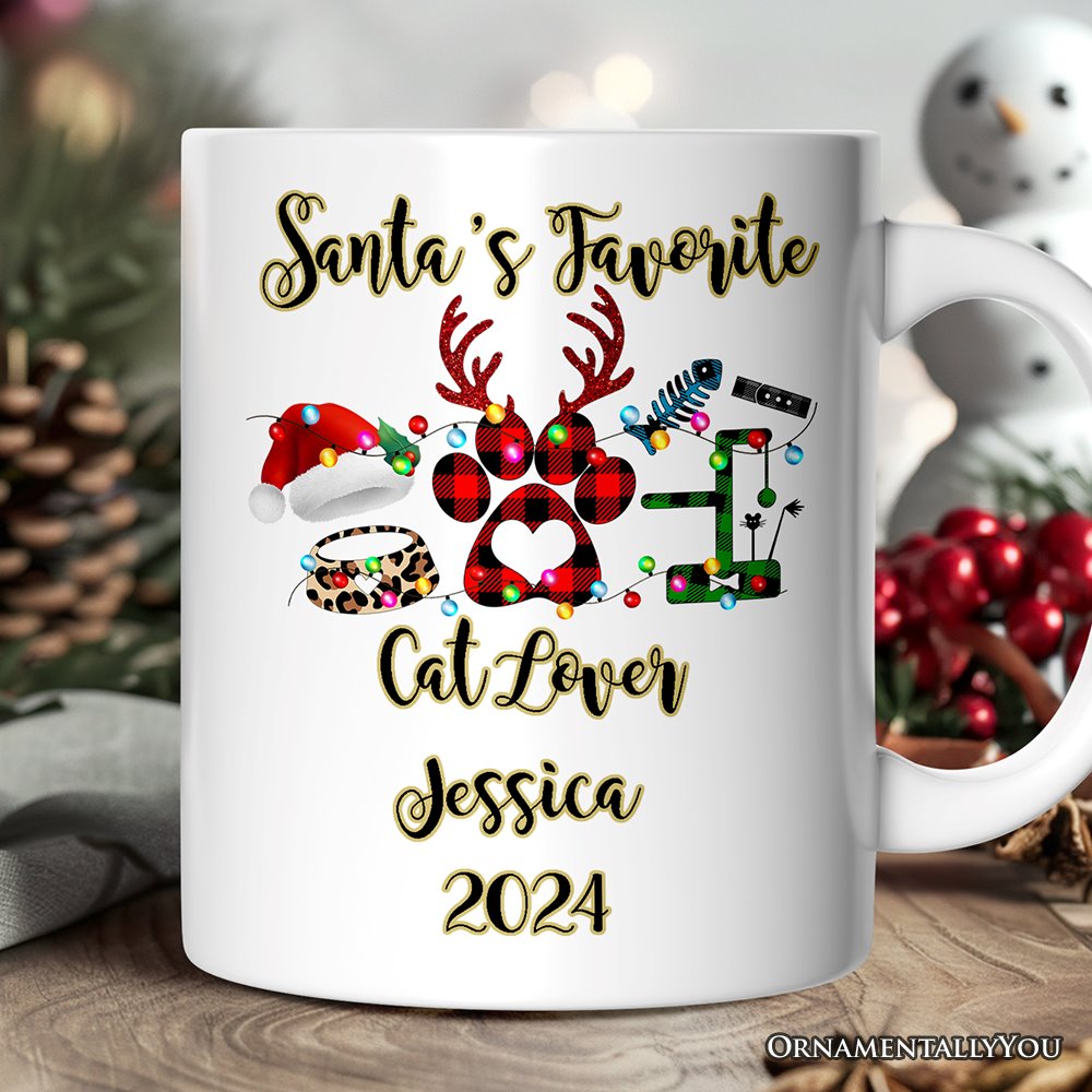 Personalized Mug Cat Buffalo Plaid Christmas, Cat Mom Gift Personalized Ceramic Mug OrnamentallyYou 12oz Mug Customized 