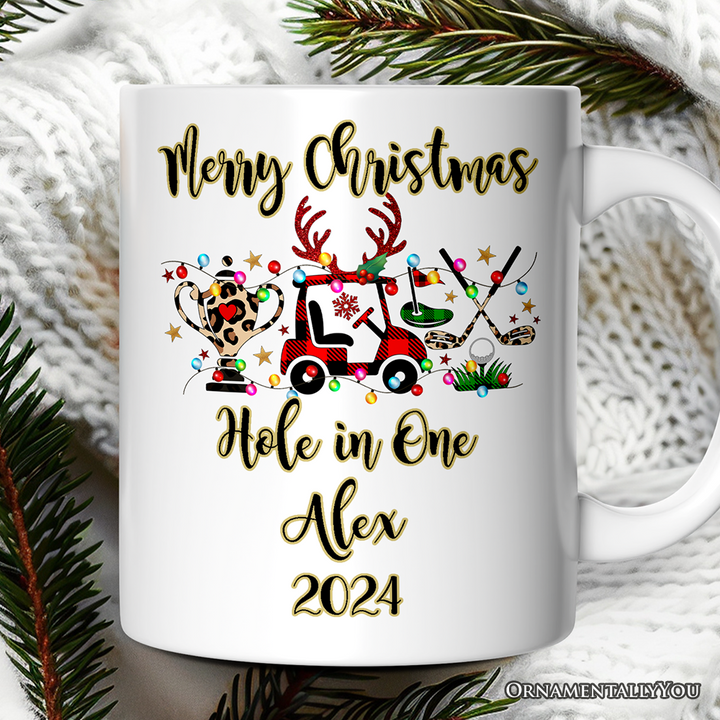 Personalized Mug Golf Buffalo Plaid Christmas, Golf Cart, Putter and Trophy Golfing Gift