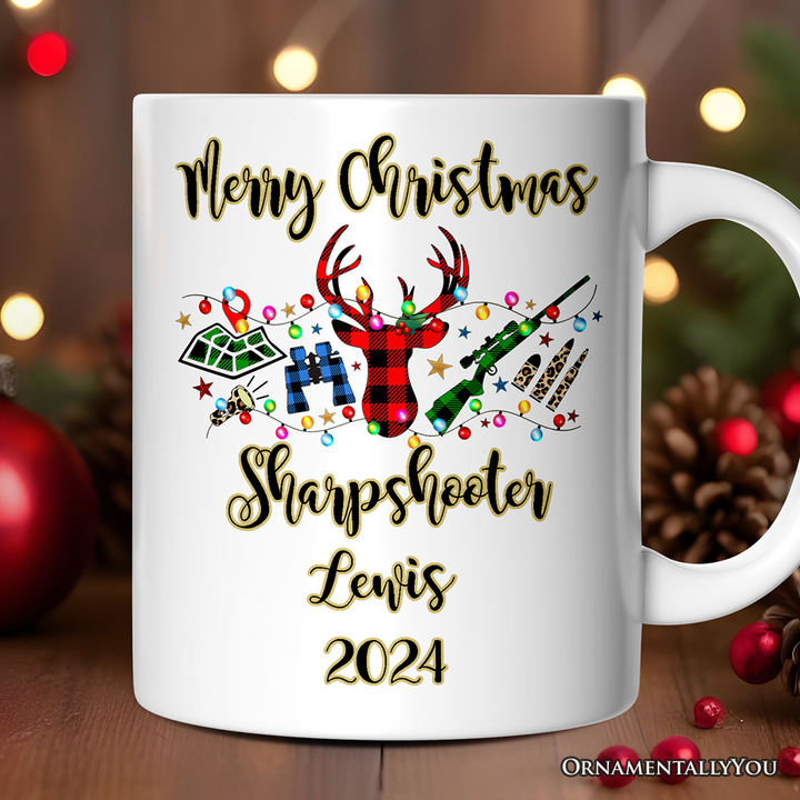 Personalized Mug Buffalo Plaid Hunting Theme Christmas, Hunter Gift, Red and Green Deer and Gun