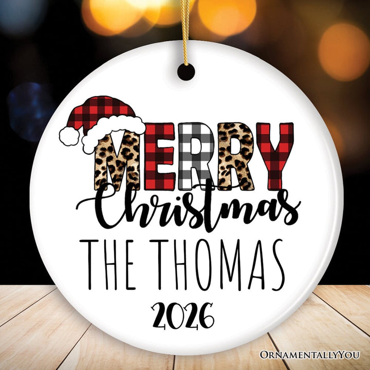 Merry Christmas Leopard Buffalo Plaid Personalized Ornament, Holiday Family Gift Ceramic Ornament OrnamentallyYou Circle 