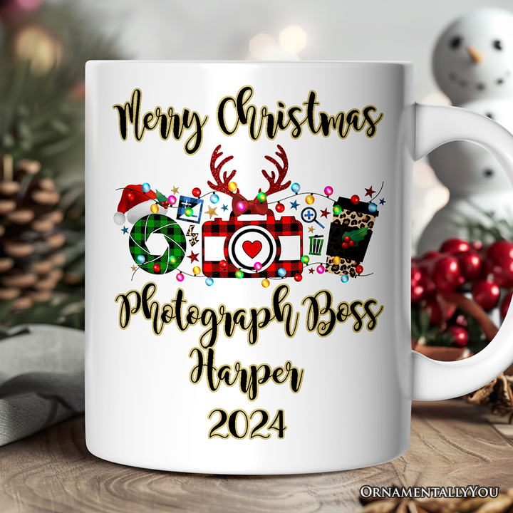 Personalized Mug Photographer Buffalo Plaid Christmas, Photography Accessories like Camera, Holiday Gift