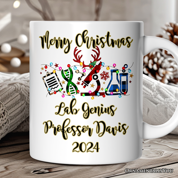 Personalized Mug Science Buffalo Plaid Christmas, Gift for Scientist or Researcher, Lab Tools like Flasks and Microscope