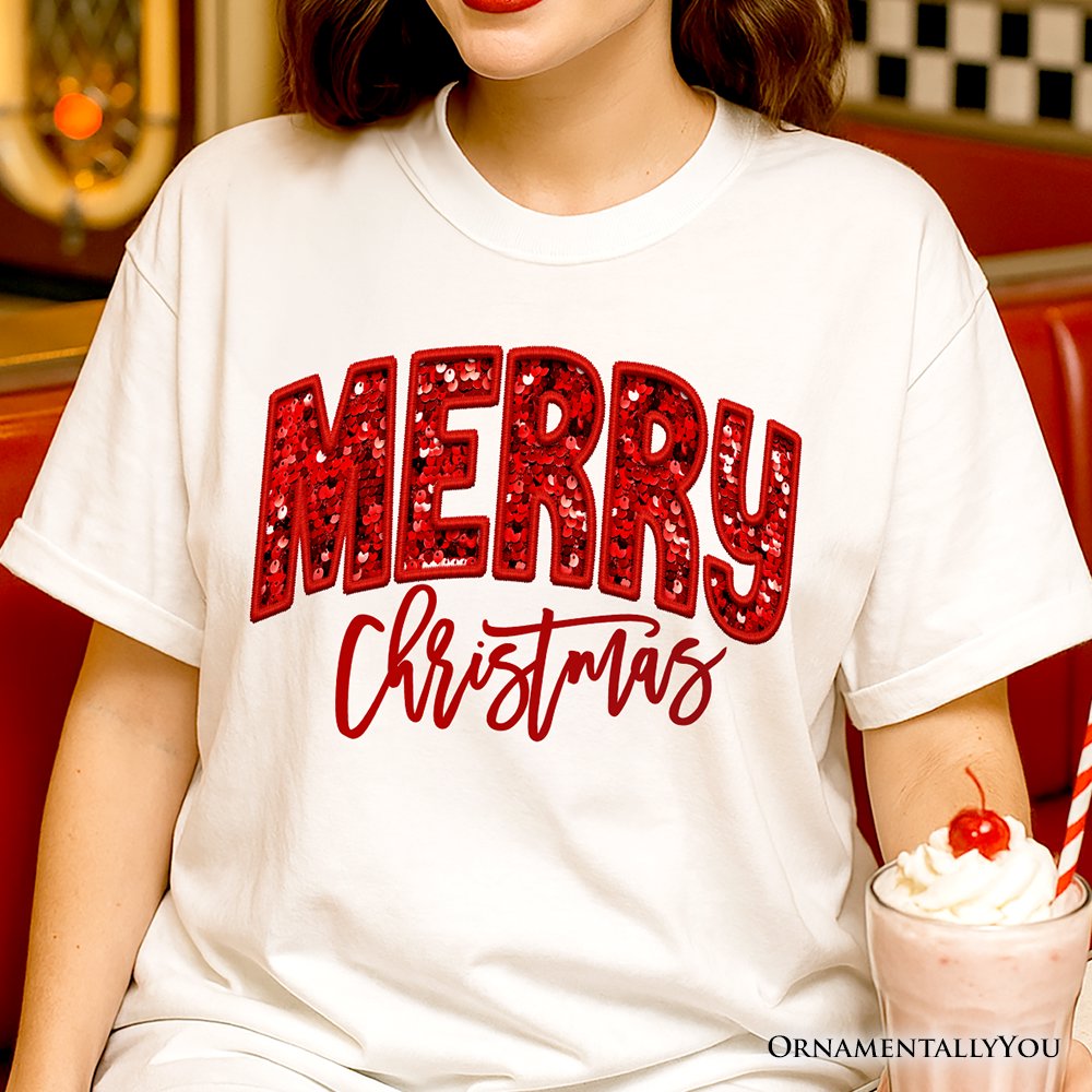 Merry Christmas Sequin T‑Shirt, Bold Red Glitter Tee for Festive Holiday Season T-Shirts OrnamentallyYou 