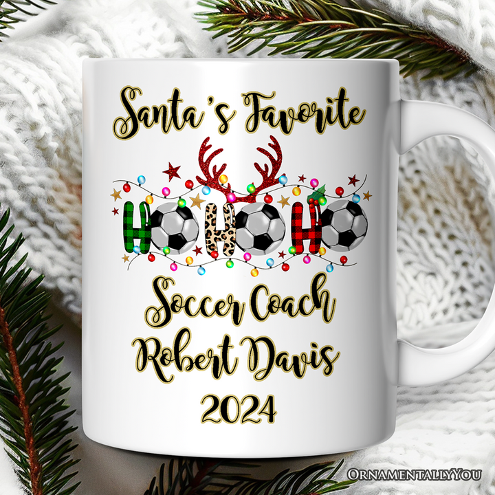 Personalized Mug Soccer Buffalo Plaid Christmas, Ho Ho Ho Football Gift