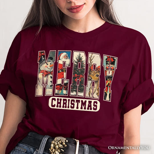 Merry Christmas Vintage T‑Shirt, Santa Tree Reindeer Snowman Nutcracker Tee T-Shirts OrnamentallyYou 