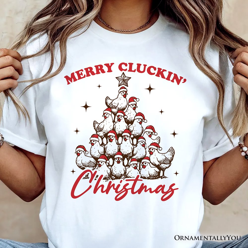 Merry Cluckin' Christmas Tree T‑Shirt, Funny Santa Hat Chicken Farmhouse Tee T-Shirts OrnamentallyYou 