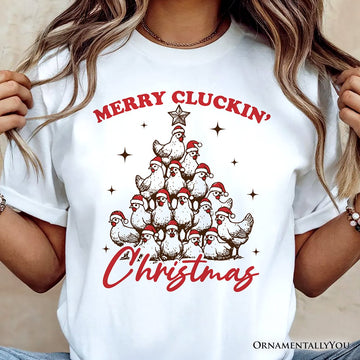Merry Cluckin' Christmas Tree T‑Shirt, Funny Santa Hat Chicken Farmhouse Tee T-Shirts OrnamentallyYou 