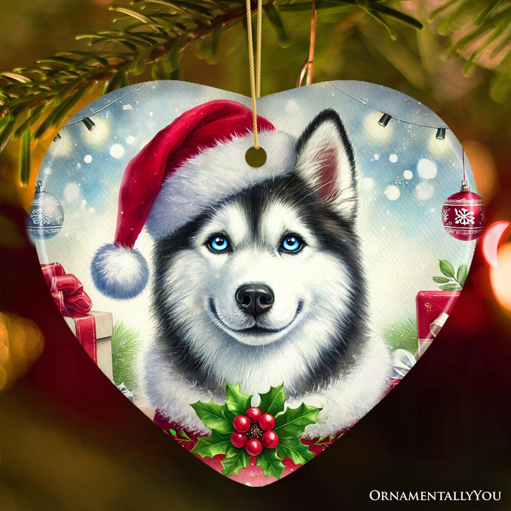 Merry Holly Berry Siberian Husky Ornament, Whimsical Christmas Tree Decor Ceramic Ornament OrnamentallyYou 