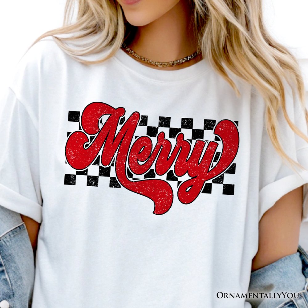 Merry Retro T‑Shirt, Christmas Checkered Tee T-Shirts OrnamentallyYou 